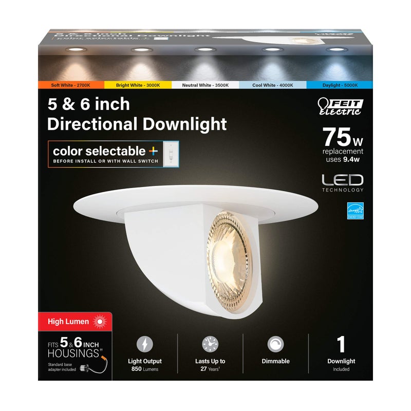Feit Electric 5-6 inch LED Directional Recessed Downlight, 9.4W (75W Equivalent), 2700Kâ€“5000K Selectable Colors, Dimmable, 850 Lumen, 50,000-Hour Lifetime, LEDR56SCP/6WYCA - Image 1